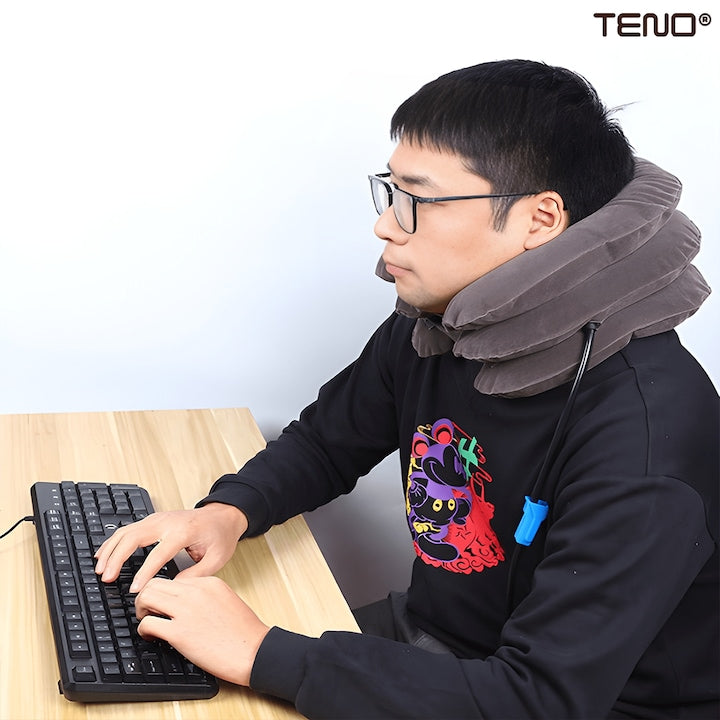Guler Cervical Teno®, confortabil, moale, ajustabil, usor de umflat, imbunatateste postura, pentru spondiloza si hernie cervicala, maro