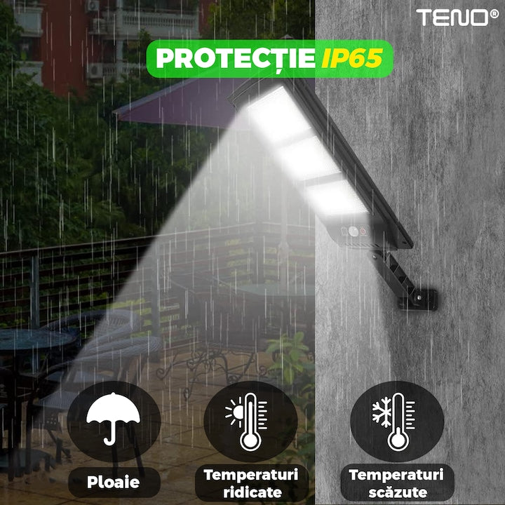 Lampa Solara Stradala 3 LED-uri Teno®, control prin telecomanda, senzor de miscare, 3 moduri de iluminare, protectie IP65, Waterproof, exterior, negru