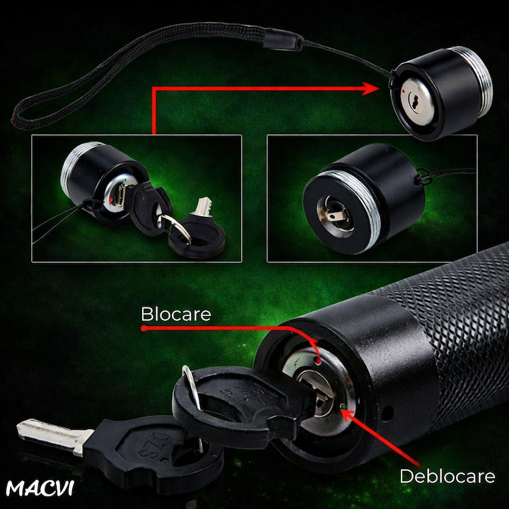 Laser Pointer Macvi® 405nm, 200mW, aluminiu, negru, cu blocare pentru copii, 100-500m