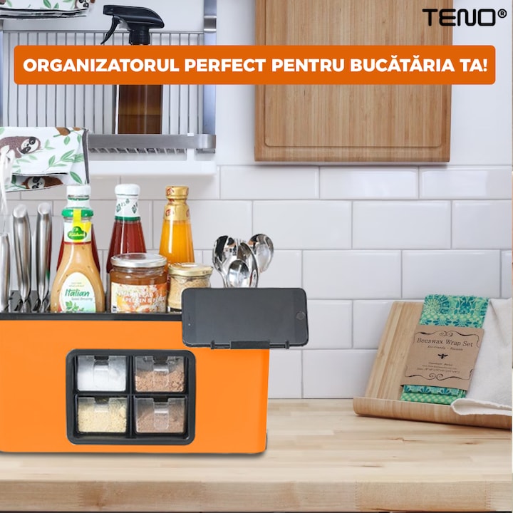 Organizator Multifunctional pentru Bucatarie Teno®, 4 Compartimente, raft condimente, suport detasabil telefon, tavita de scurgere, suport tacamuri/ustensile, portocaliu