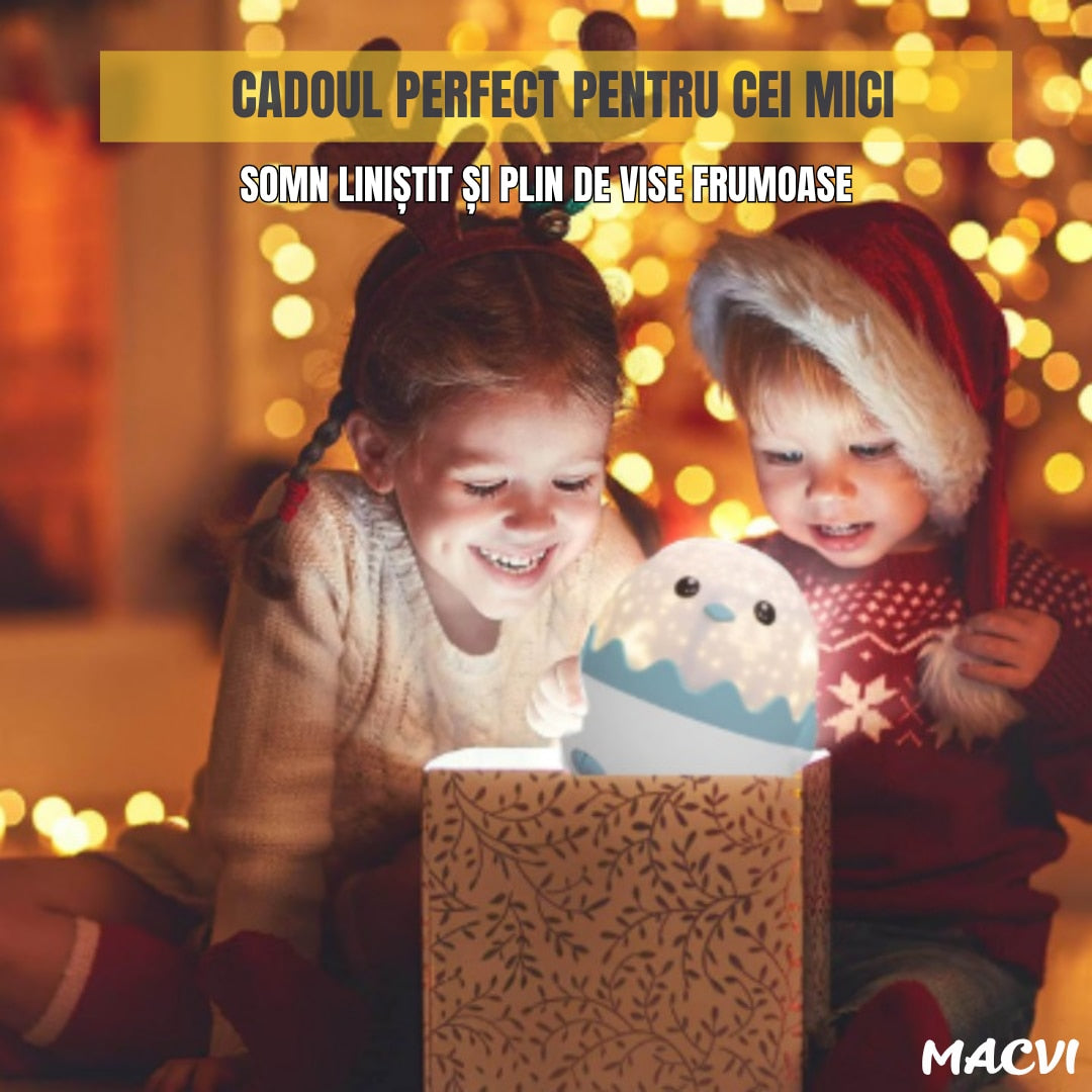 Lampa de veghe Macvi Pinguin, proiectii cu 13 sabloane, lumini multicolore, albastru, 125x125x125mm