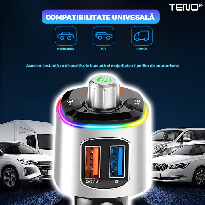 Modulator Auto FM, Teno, Bluetooth 5.0, functie dubla incarcare, afisare voltaj baterie, gri
