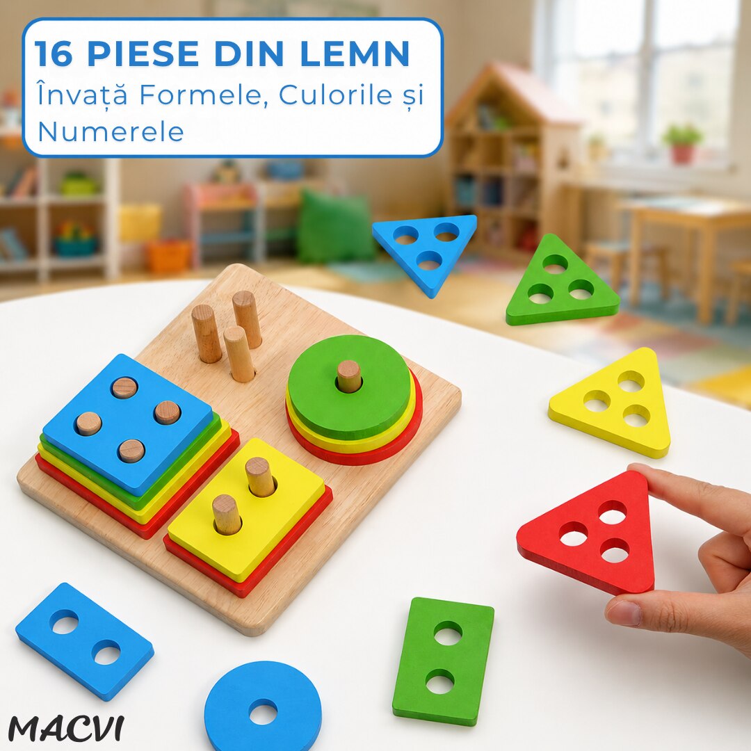 Jucarie  Tip Sortat Macvi® pentru Copii, 16 Piese, Forme Geometrice, 4 Coloane de Sortare