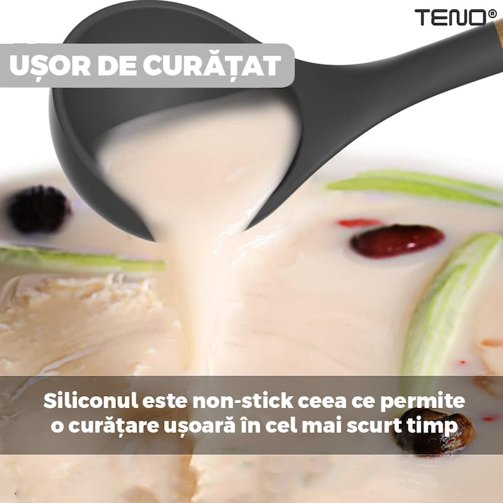 Set Ustensile Bucatarie 12 Piese Silicon Alimentar Teno®, termorezistente, antiaderente, sigure, suport inclus, gri