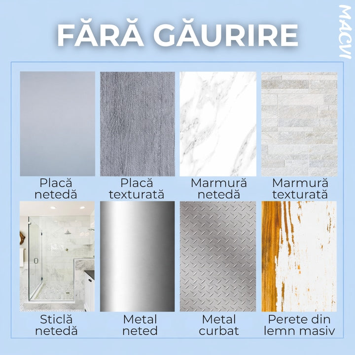 Raft de dus Macvi® set etajera baie aluminiu negru design modern si rezistent montaj usor spatiu optimizat