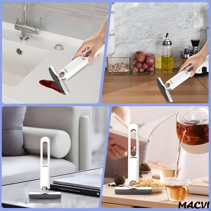 Mini Mop Macvi® pentru Curatarea Suprafetelor si Geamurilor, Sistem de Storcere Buretel, Rotativ, Portabil, 29 cm, Alb
