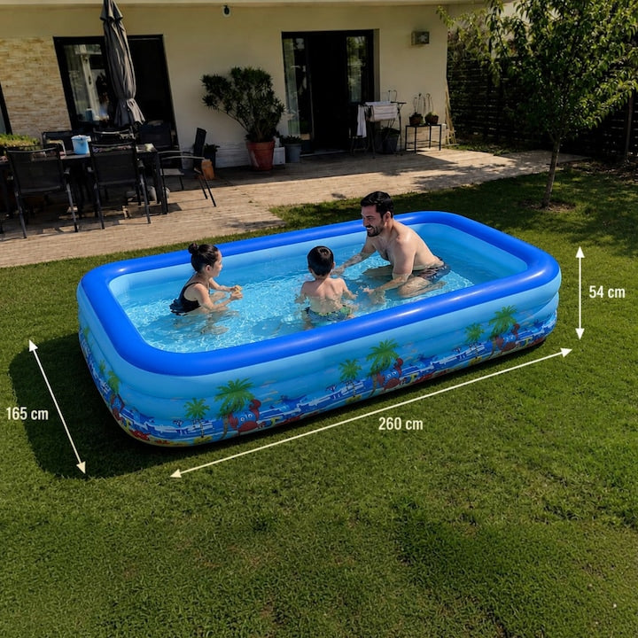 Piscina gonflabila familiala Macvi® 260x165x54cm, 3 inele, PVC rezistent la UV, montare rapida, pentru copii si adulti, curte si gradina, design tropical