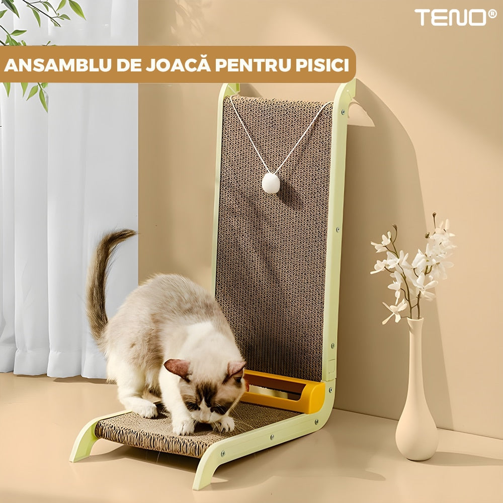 Ansamblu de Joaca pentru Pisici Teno, forma de L, carton zgariat, verde, 60cm
