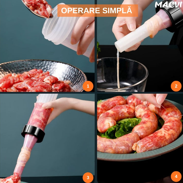 Aparat manual pentru umplut carnati, Macvi®, inox/plastic, 0.5 kg, 2 tuburi de umplere, alb