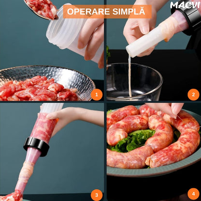 Aparat manual pentru umplut carnati, Macvi®, inox/plastic, 0.5 kg, 2 tuburi de umplere, alb