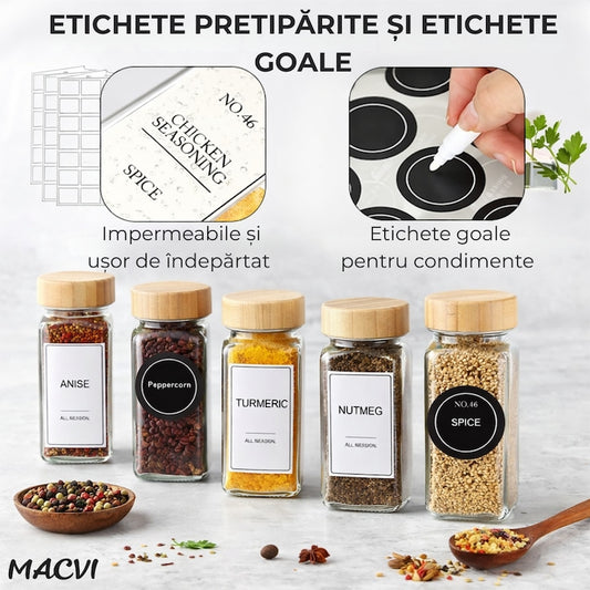 Set 24 recipiente Macvi® organizatoare pentru condimente, sticla, capac bambus, cu palnie, perie, site, etichete si marker incluse