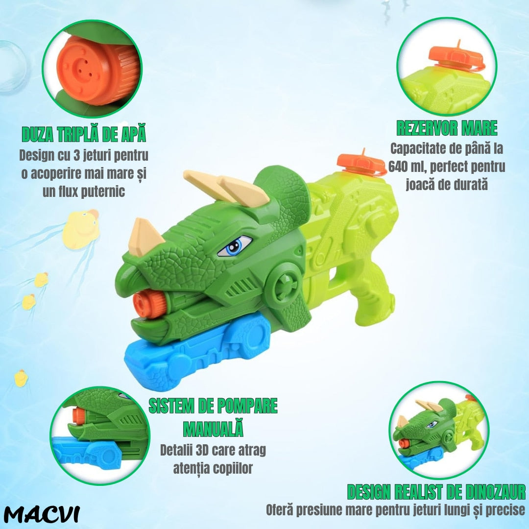 Pistol cu apa Macvi® dinozaur, rezervor 1330 ml, 35 cm, 3 duze, raza actiune 8 m, PVC rezistent, durabil, +6 ani, verde moss