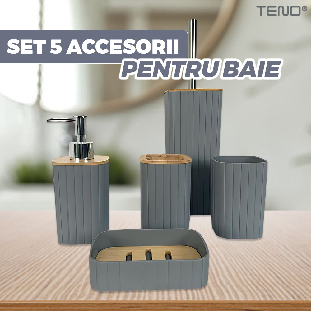 Set 5 Accesorii de Baie Teno, design minimalist, detalii din bambus, gri