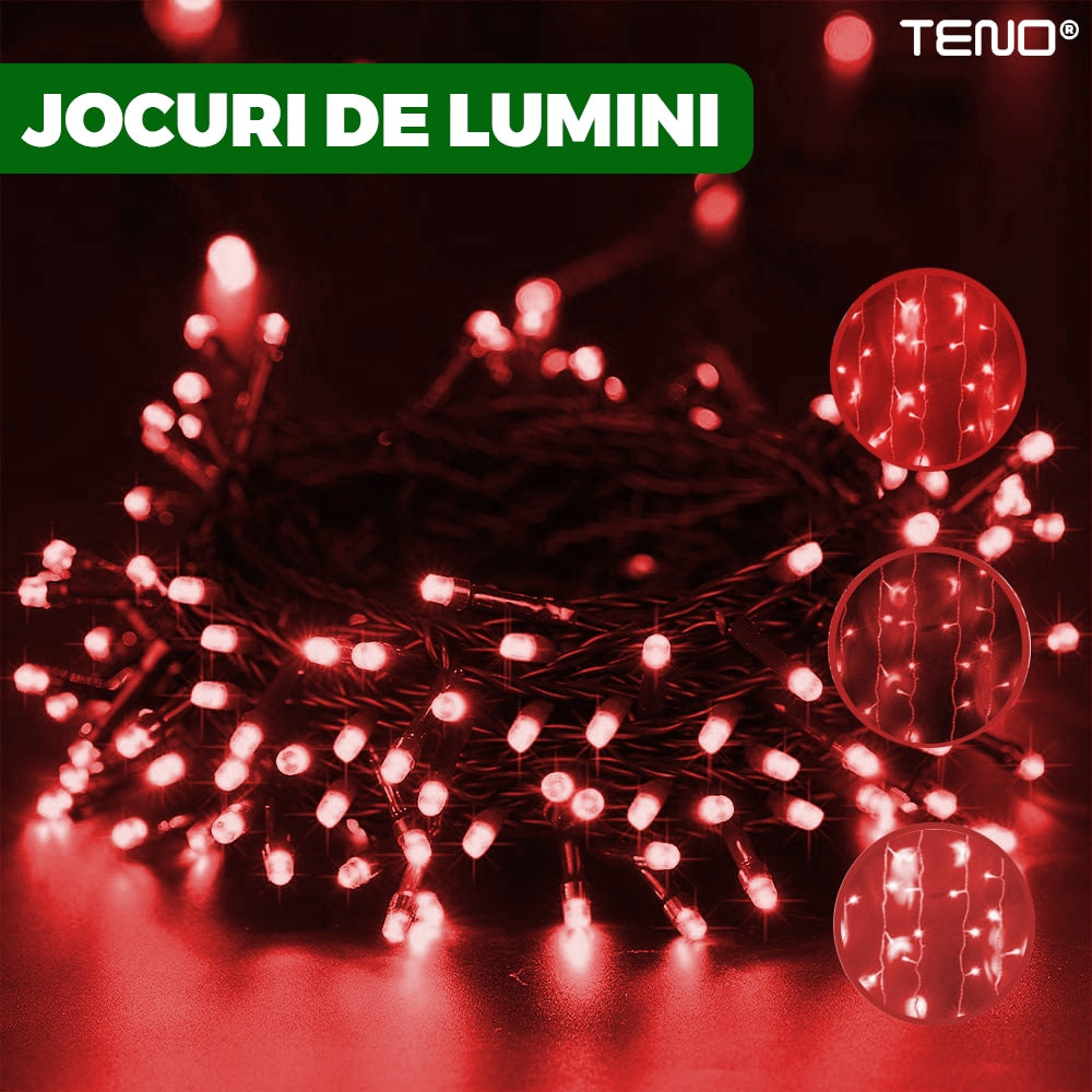 Instalatie de Craciun Liniara Teno®, 100 m, 8 jocuri de lumini, alimentare la priza, interior/exterior, rezistenta la apa, 480 LED-uri, rosu