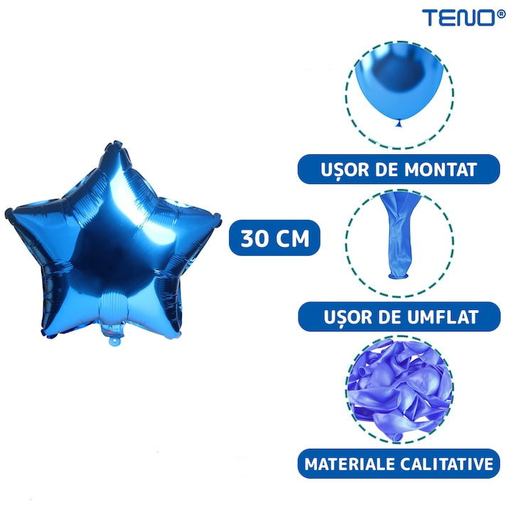 Set 25 Baloane Teno®, Litere, pentru Petreceri/Aniversari/Evenimente, confetti, stelute, model HAPPY BIRTHDAY, albastru