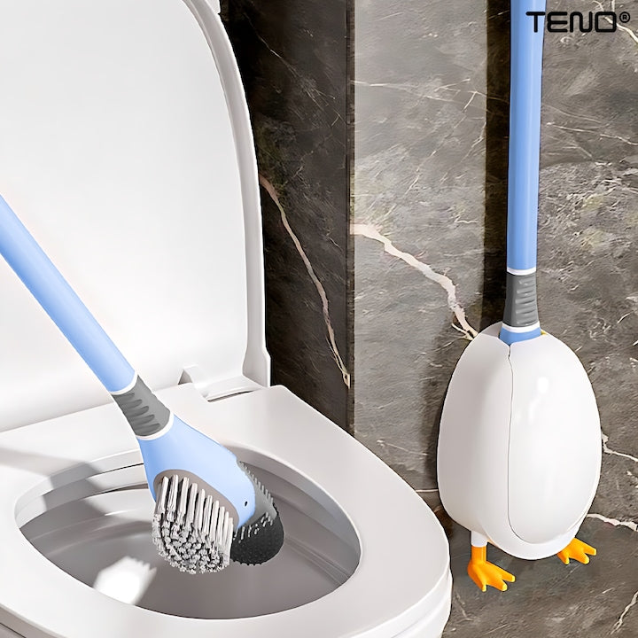 Perie pentru Toaleta Ratusca Teno®, din silicon, model adorabil, carcasa ou, suport adeziv montabil pe orice suprafata, 2 capete, capat cioc din silicon, capat cu peri pentru pete, albastru