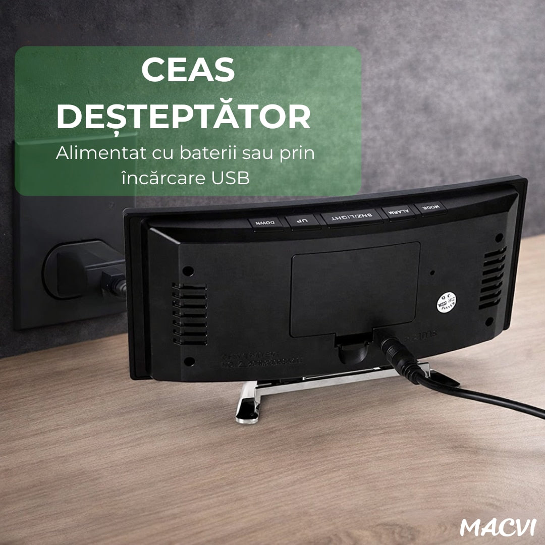 Ceas de masa tip oglinda Macvi® , model DT-6507, ecran LED curbat, afisare temperatura, Verde