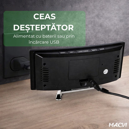 Ceas de masa tip oglinda Macvi® , model DT-6507, ecran LED curbat, afisare temperatura, Verde