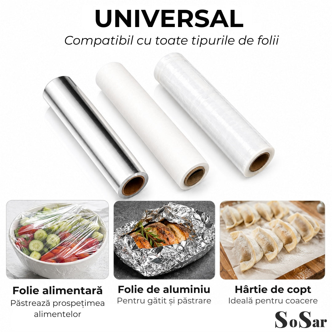 Dispenser Triplu de Bucatarie Sosar® pentru Hartie Folie Alimentara si Folie Aluminiu Suport Perete cu Taiere Usoara Organizator Bucatarie