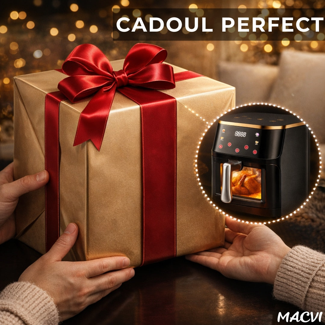 Friteuza aer Macvi® cu aer cald 12L 2400W, fereastra transparenta, panou digital touch, 8 programe presetate, control temperatura 80-200°C, timer 0-60 min, gatire fara ulei, functie 3D, aer circulant