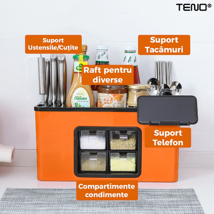 Organizator Multifunctional pentru Bucatarie Teno®, 4 Compartimente, raft condimente, suport detasabil telefon, tavita de scurgere, suport tacamuri/ustensile, portocaliu