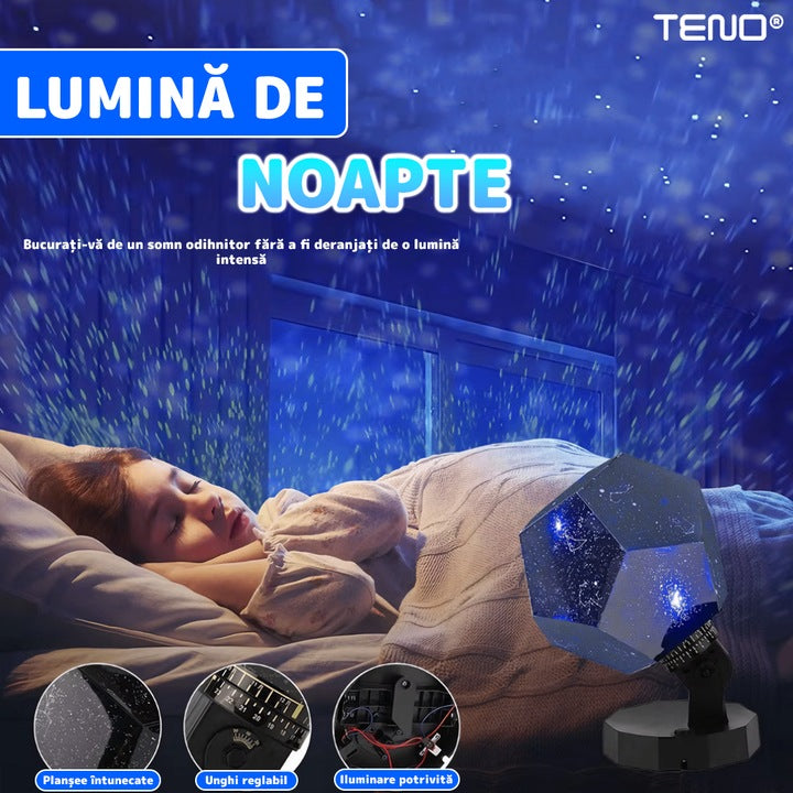 Lampa de Veghe Teno®, proiector de stele si constelatii, rotativ, inclinabil, constelatii, 3 culori, albastru, alb, galben, lumina de noapte, arie mare de acoperire, 25 x 12 cm, negru