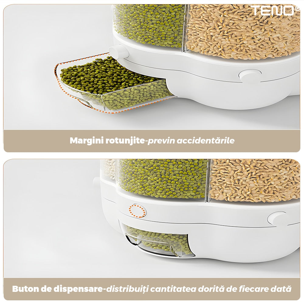 Dozator rotativ Macvi® pentru cereale si alimente uscate, 6 compartimente, capacitate 6.5 kg, sertar detasabil, alb, rotire 360°