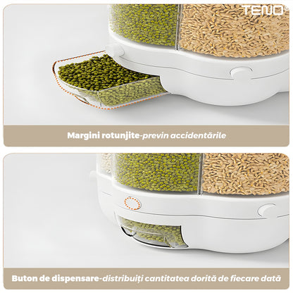 Dozator rotativ Macvi® pentru cereale si alimente uscate, 6 compartimente, capacitate 6.5 kg, sertar detasabil, alb, rotire 360°