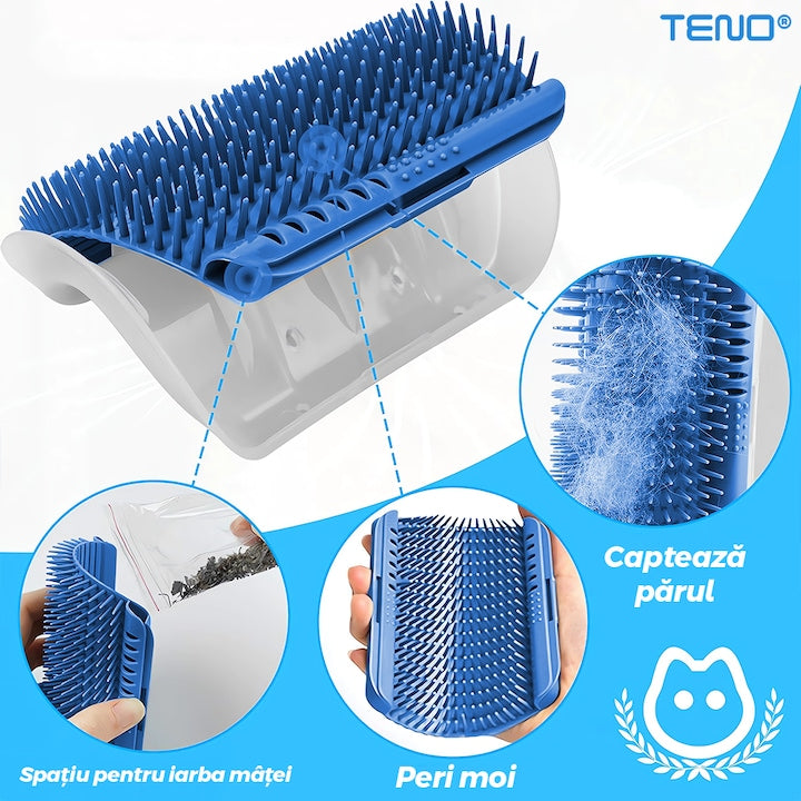 Perie de Colt pentru Pisici Teno®, materiale sigure, montare usoara, self-grooming, recipient pentru iarba pisicii, design curbat, 13 x 8.5 cm, albastru