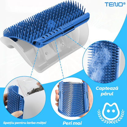 Perie de Colt pentru Pisici Teno®, materiale sigure, montare usoara, self-grooming, recipient pentru iarba pisicii, design curbat, 13 x 8.5 cm, albastru