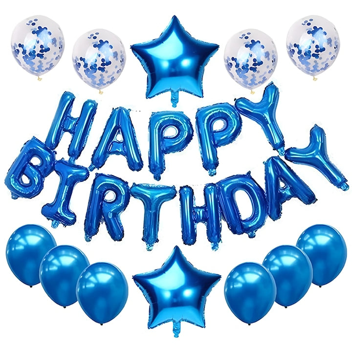 Set 25 Baloane Teno®, Litere, pentru Petreceri/Aniversari/Evenimente, confetti, stelute, model HAPPY BIRTHDAY, albastru