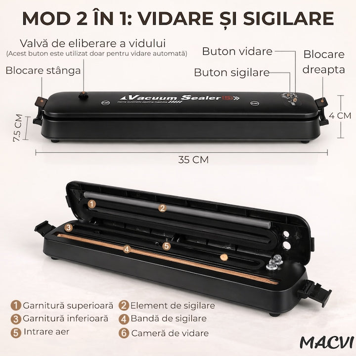 Aparat de Vidat Macvi® Alimente 110W cu Functie de Sigilare, Pompa Puternica, Compact si Usor de Utilizat pachetul include 10 Pungi de Vidat