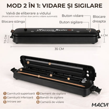 Aparat de Vidat Macvi® Alimente 110W cu Functie de Sigilare, Pompa Puternica, Compact si Usor de Utilizat pachetul include 10 Pungi de Vidat