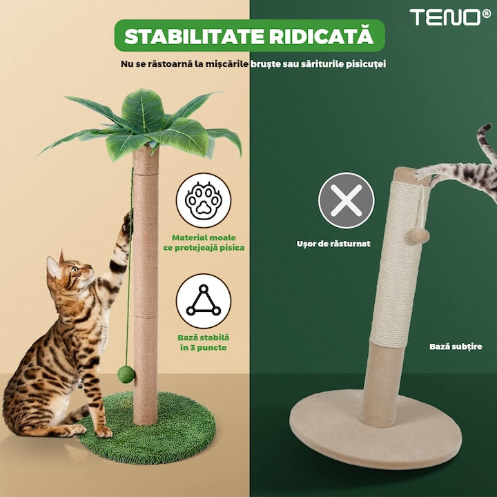 Ansamblu de Joaca pentru Pisici in Forma de Palmier Teno®, tip turn, 1 nivel, franghie si mingiute de joaca, stalpi pentru zgariat, captuseala extra moale, structura stabila, 85 cm, verde