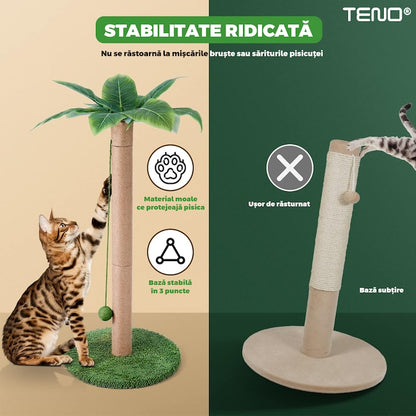 Ansamblu de Joaca pentru Pisici in Forma de Palmier Teno®, tip turn, 1 nivel, franghie si mingiute de joaca, stalpi pentru zgariat, captuseala extra moale, structura stabila, 85 cm, verde