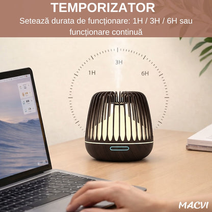 Difuzor Aromaterapie/Umidificator Macvi® cu Lampa 7 Culori, 500 ml, Culoare Negru