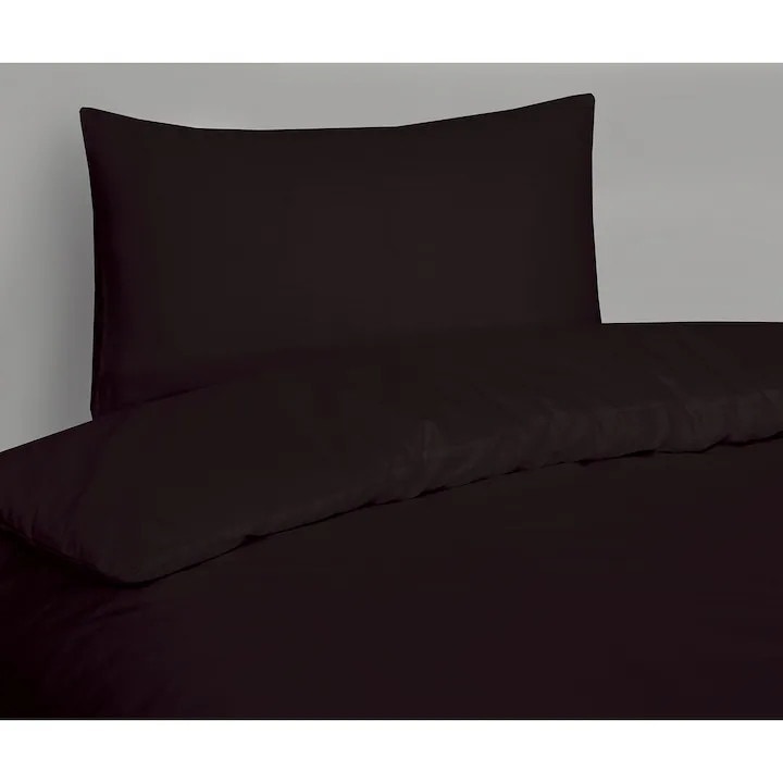 Lenjerie de pat Macvi®, 2 persoane, 3 piese, husa pilota + 2 fete perna, bumbac satinat 100%, 205TC, negru