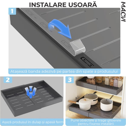 Organizator extensibil Macvi® pentru dulapuri, metal, sertar glisant, montare adeziva, capacitate mare, gri