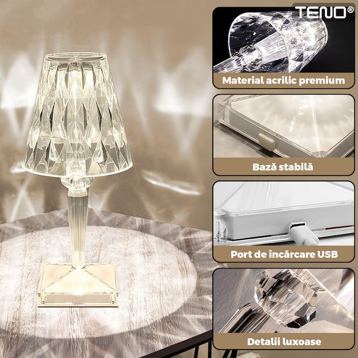 Lampa Ambientala Cristal LED Teno®, veioza, portabila, 3 moduri de iluminare, intensitate ajustabila, tactila, incarcare USB