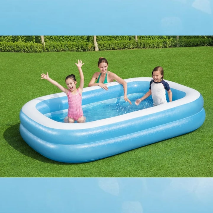 Piscina gonflabila familiala Macvi® 201 x 150 x 51 cm, 2 inele gonflabile, capacitate 450 L, PVC rezistent, pentru copii si adulti, curte, gradina si terasa, alb/albastru
