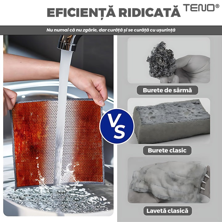 Set 5 Lavete Abrazive Teno®, tesatura cu sarma de otel, dublu strat, anti-aderente, curatare in profunzime, rezistente, 20 x 20 cm, gri