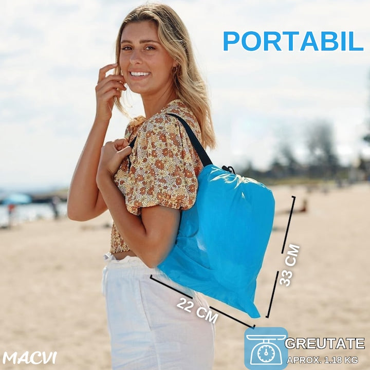 Saltea gonflabila tip sezlong Lazybag Macvi®, material rezistent, umflare fara pompa, pentru plaja/picnic/camping, rucsac de depozitare, 190 x 70 cm, Albastra