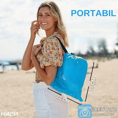 Saltea gonflabila tip sezlong Lazybag Macvi®, material rezistent, umflare fara pompa, pentru plaja/picnic/camping, rucsac de depozitare, 190 x 70 cm, Albastra