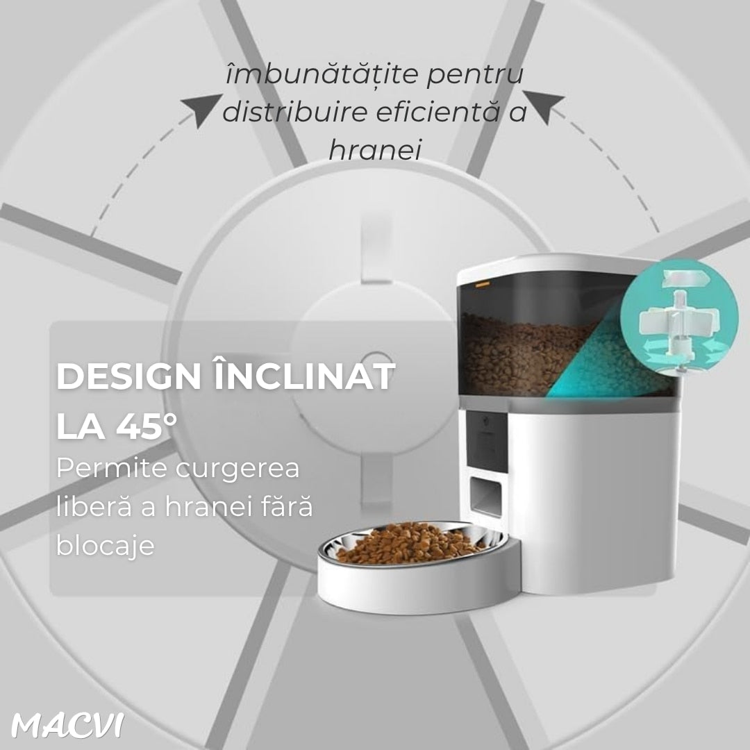 Dozator Automat Hrana Animale Macvi® 6L Conectare Baterii(neincluse) sau Priza, Control din Telefon, WiFi, Vas Inox, Programare Mese pentru Caini si Pisici