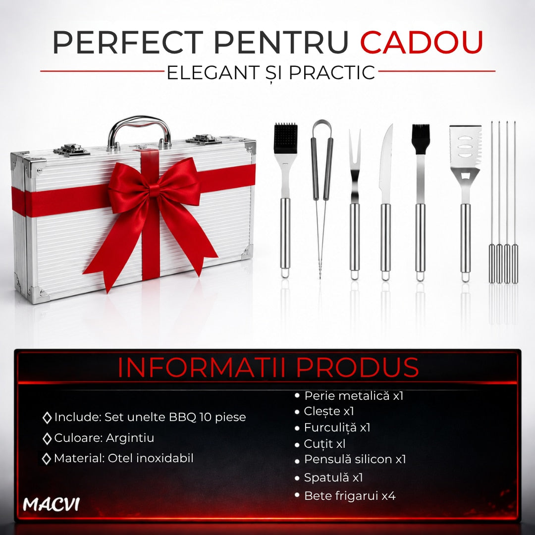 Set 10 ustensile pentru gratar Macvi® din otel inoxidabil premium, geanta transport aluminiu captusita, accesorii pentru un gratar reusit