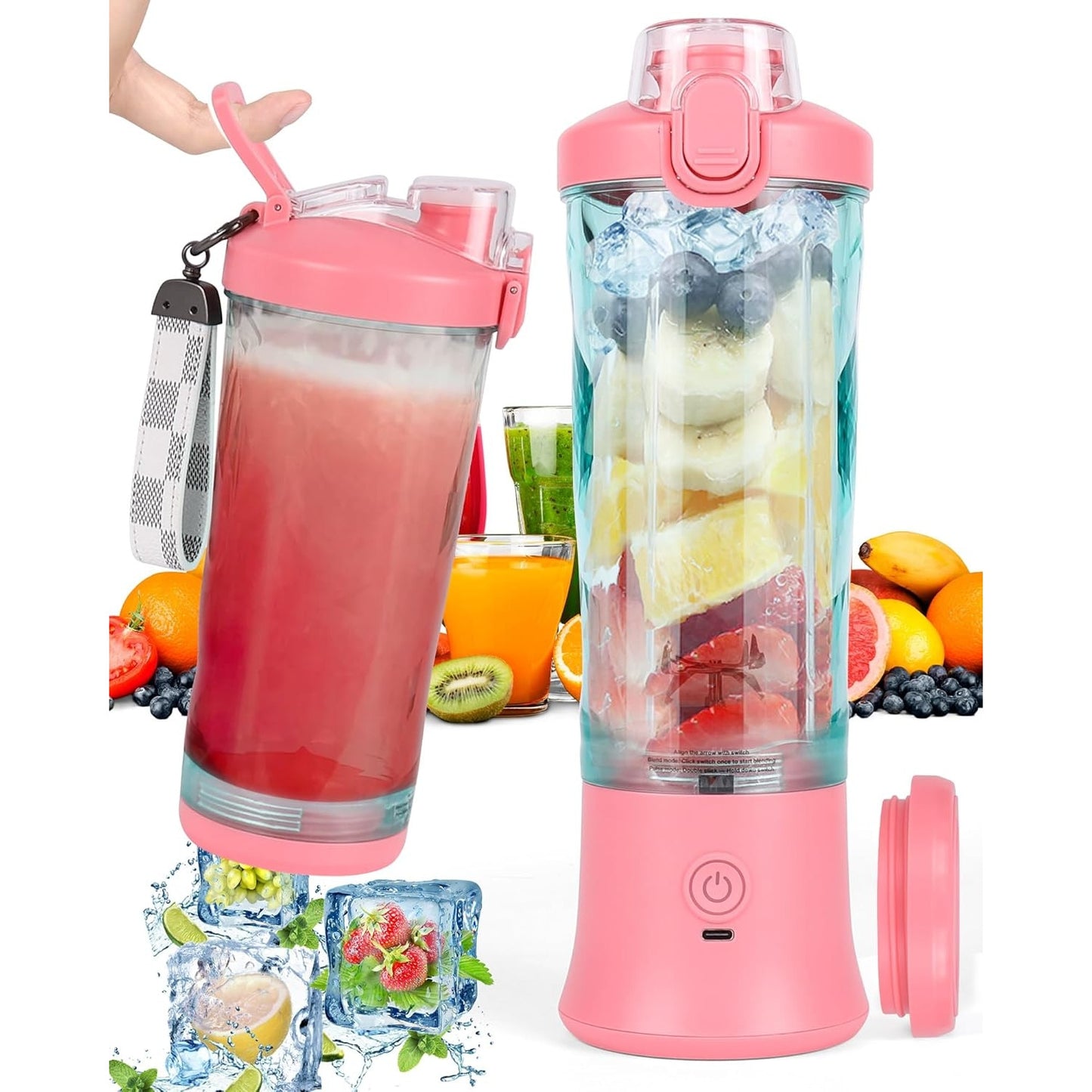 Blender Portabil Macvi® pentru Smoothie-uri 600 ml cu 6 Lame din Otel Inoxidabil, Baterie Reincarcabila 4000 mAh USB, Temporizator Automat 30 Secunde, Roz
