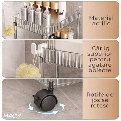 Raft depozitare Macvi® mobil cu 3 rafturi acrilice ingust cu roti pentru bucatarie baie si spatii mici 41 x 16 x 60 cm