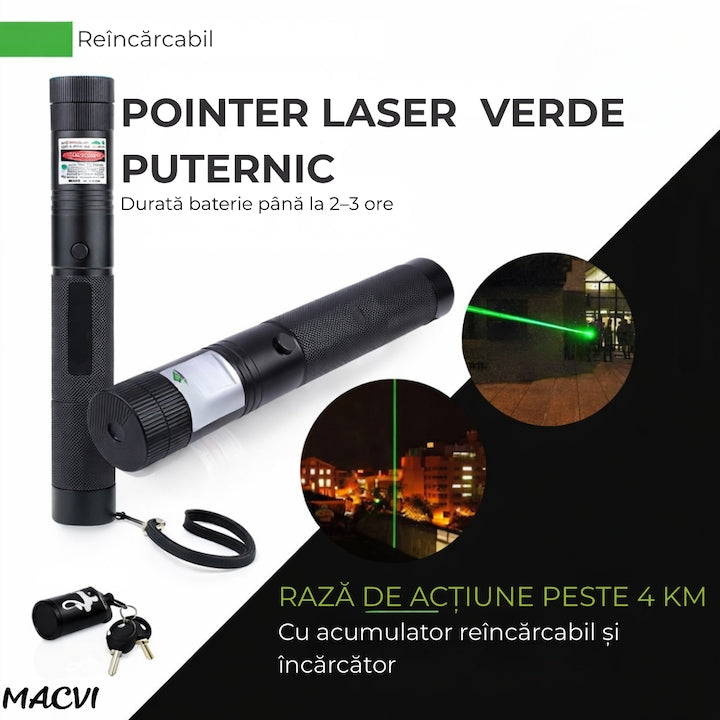 Laser Pointer Macvi® 405nm, 200mW, aluminiu, negru, cu blocare pentru copii, 100-500m