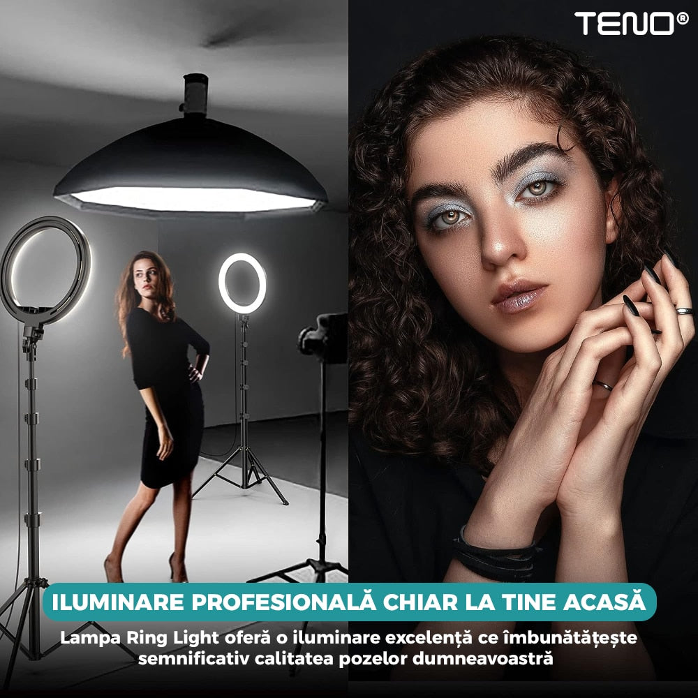 Lampa Circulara Ring Light Teno®, Diametru 56cm/22 Inch, 3 moduri de lumina, 10 trepte reglaj, telecomanda si trepied 210 cm incluse, suport triplu telefon, compatibilitate universala, alb
