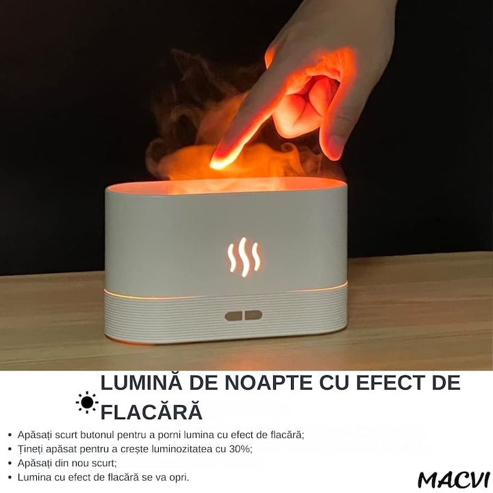 Difuzor Aromaterapie si Umidificator Macvi® cu Efect de Flacara, Ultrasunete, Capacitate 180 ml, 10 Ore de Functionare, Alb